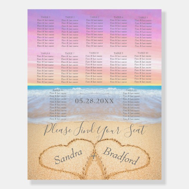 Chic Pink Beach Wedding 2 Heart Seating Chart Foam Board (Front)
