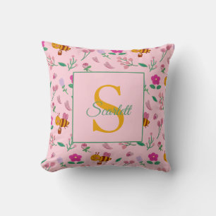 Chic Pink Bee and Floral Design Name & Monogram Throw Pillow