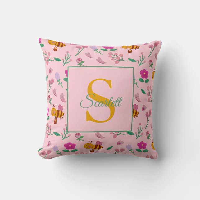 Chic Pink Bee and Floral Design Name & Monogram Throw Pillow (Front)