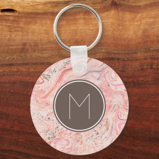 Chic Pink Beige Gray Marble Monogram Keychain (Front)