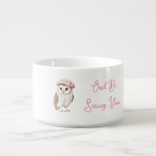 Chic Pink Beret Brown White Owl Be Seeing You Bowl