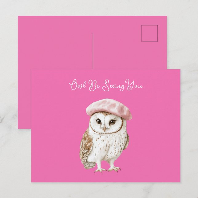 Chic Pink Beret Brown White Owl Be Seeing You Postcard (Front/Back)