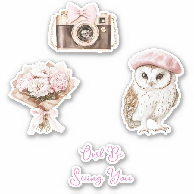 Chic Pink Beret Brown White Owl Be Seeing You Sticker (Front)