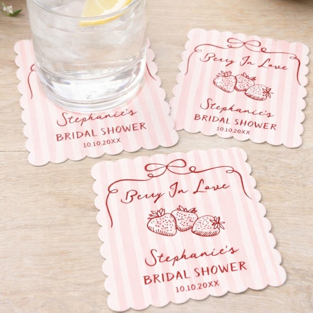 Chic Pink Berry In Love Bridal Shower Personalized Paper Coaster (Creator Uploaded)