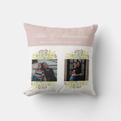 Chic Pink Best Friends Floral BFF Photo Collage Throw Pillow