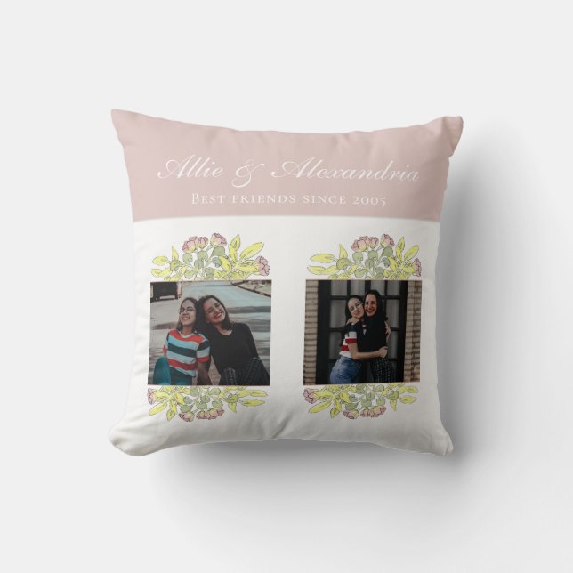 Chic Pink Best Friends Floral BFF Photo Collage Throw Pillow (Front)