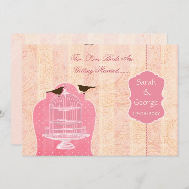 Chic pink bird cage, love birds invites (Front/Back)