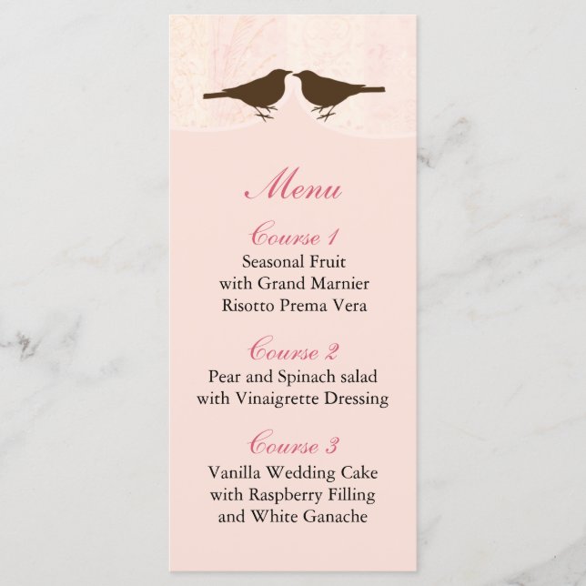 Chic pink bird cage, love birds Menu Cards (Front)