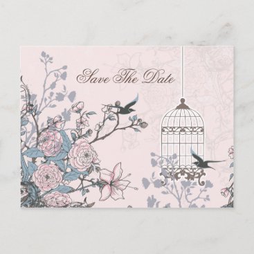 Chic pink bird cage, love birds save the dates announcement postcard