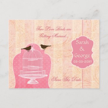Chic pink bird cage, love birds save the dates announcement postcard