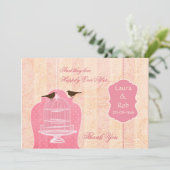 Chic pink bird cage, love birds Thank You Invitation (Standing Front)