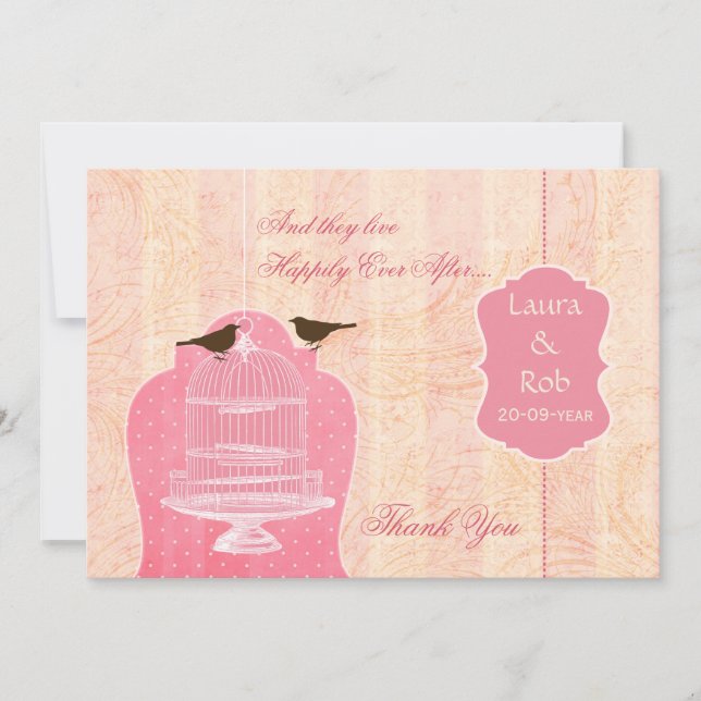 Chic pink bird cage, love birds Thank You Invitation (Front)