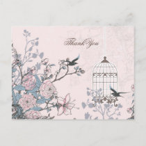 Chic pink bird cage, love birds Thank You Postcard