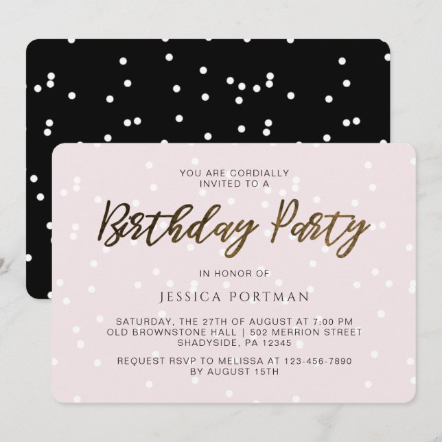 Chic Pink Birthday Party Pretty Confetti Invitation (Front/Back)