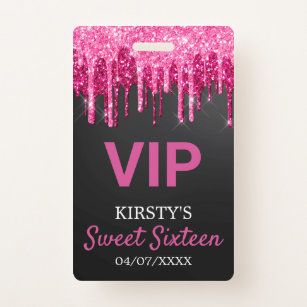 Chic Pink Black Dripping Glitter Sweet Sixteen Badge