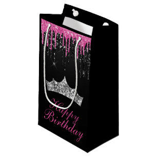 Chic Pink Black Dripping Glitter Tiara Birthday Small Gift Bag