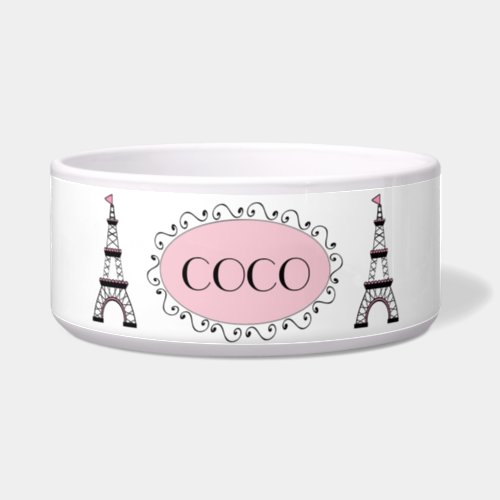 Chic Pink Black Eiffel Tower Name Dog Pet Bowl