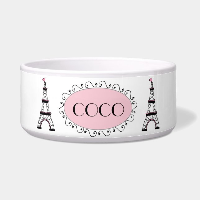 Chic Pink Black Eiffel Tower Name Dog Pet Bowl (Front)