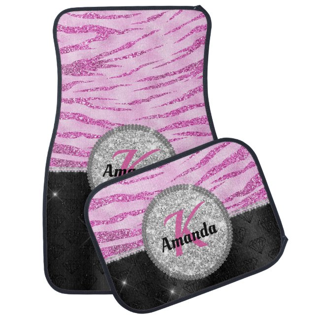 Chic pink black faux glitter animal print monogram car floor mat (Set)