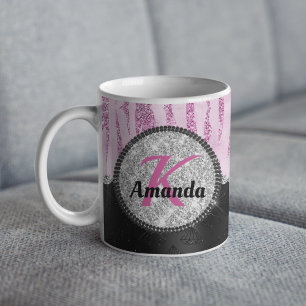 Chic pink black faux glitter animal print monogram coffee mug