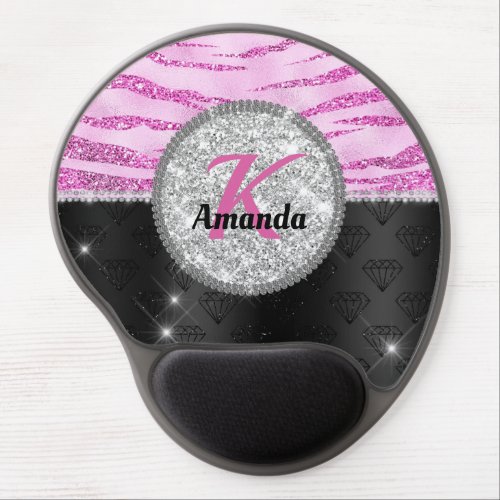 Chic pink black faux glitter animal print monogram gel mouse pad