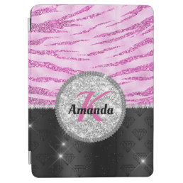 Chic pink black faux glitter animal print monogram iPad air cover