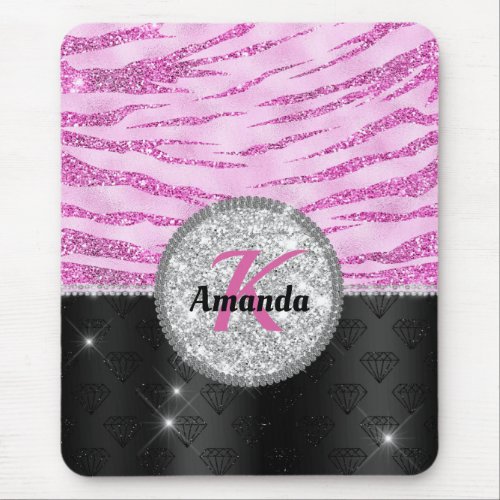 Chic pink black faux glitter animal print monogram mouse pad