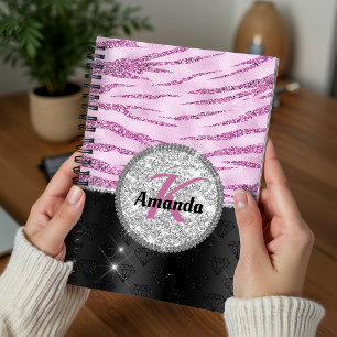Chic pink black faux glitter animal print monogram notebook