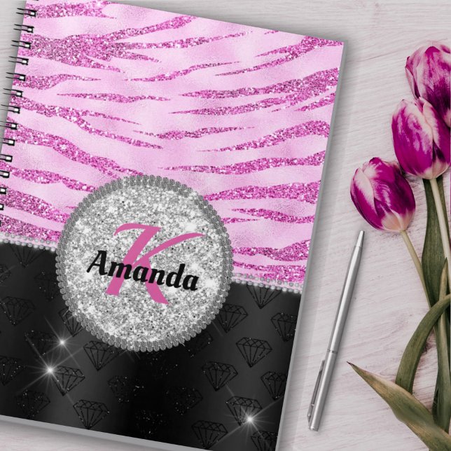Chic pink black faux glitter animal print monogram notebook (Creator Uploaded)