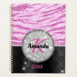 Chic pink black faux glitter animal print monogram planner
