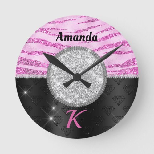 Chic pink black faux glitter animal print monogram round clock