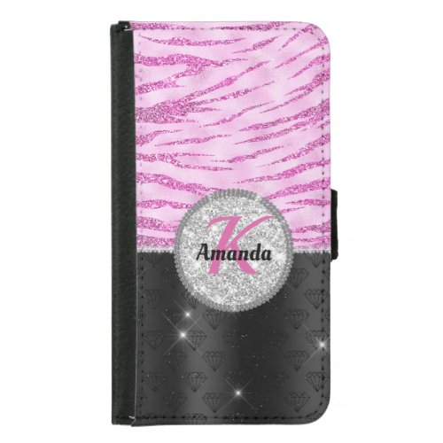 Chic pink black faux glitter animal print monogram samsung galaxy s5 wallet case