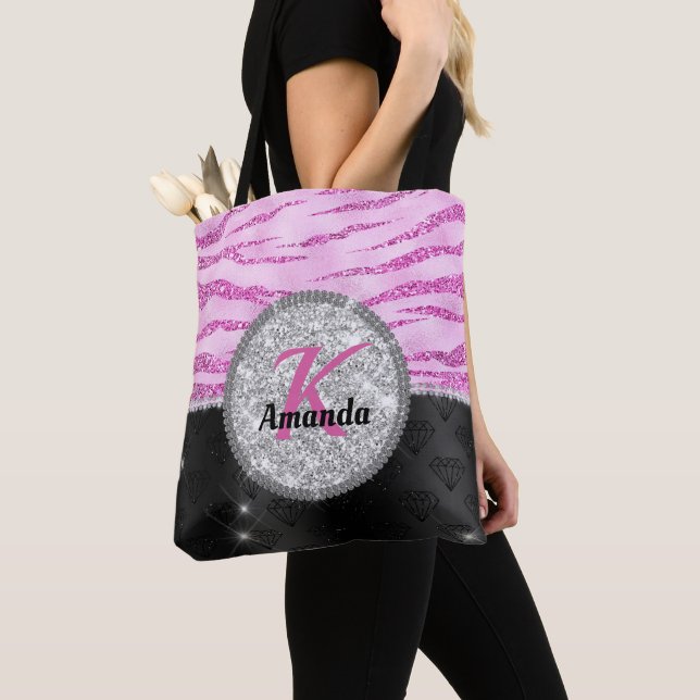 Chic pink black faux glitter animal print monogram tote bag (Close Up)