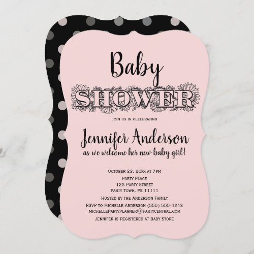 Chic Pink Black Floral Polka Dot Baby Shower Invitation