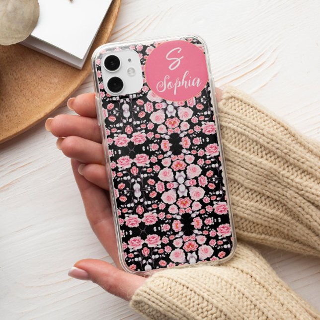 Chic pink black flower esthetic Custom Monogram Case-Mate iPhone Case (Creator Uploaded)