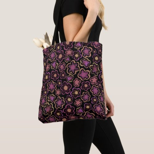 Chic Pink Black Flower Hand_Drawn Pattern Floral Tote Bag