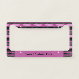Chic Pink Black Glitter Stripe Glam Personalized License Plate Frame