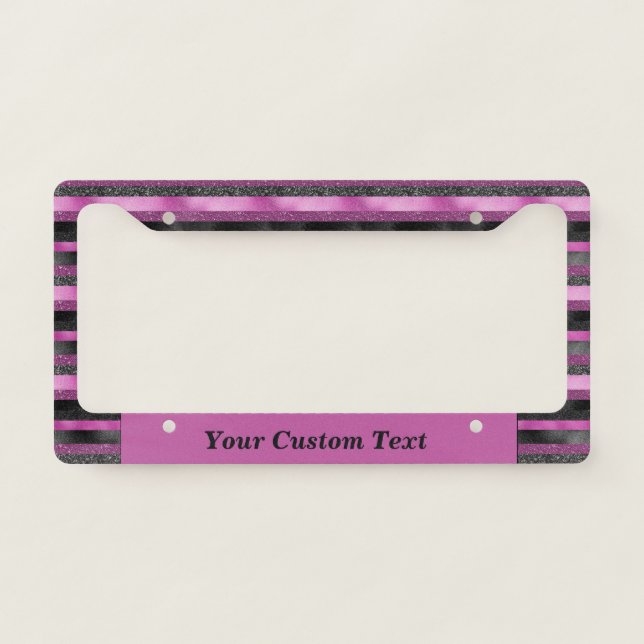 Chic Pink Black Glitter Stripe Glam Personalized License Plate Frame (Front)