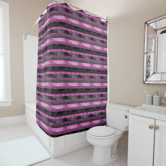 Chic Pink Black Glitter Stripe Glam Personalized Shower Curtain (In Situ)