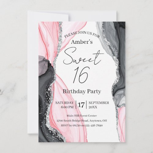 Chic Pink &amp; Black Marble Sweet 16 Invitation