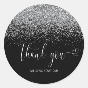 Chic Pink Black Silver Glitter Thank You Classic Round Sticker