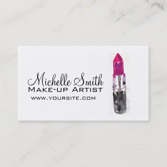 Chic pink black silver watercolor lipstick Makeup  Business Card (Front)