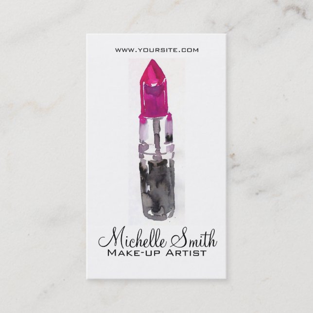 Chic pink black silver watercolor lipstick Makeup  Business Card (Front)
