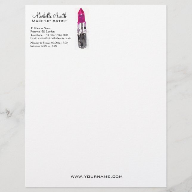 Chic pink black silver watercolor lipstick Makeup  Letterhead (Front)