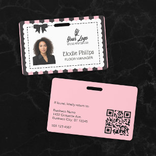 Chic Pink Black Stripes Scalloped Edges & Bow Badge