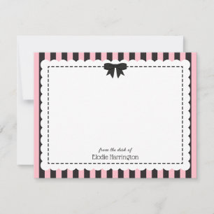Chic Pink Black Stripes Scalloped Edges & Bow Note Card