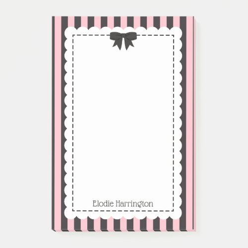 Chic Pink Black Stripes Scalloped Edges & Bow Post-it Notes