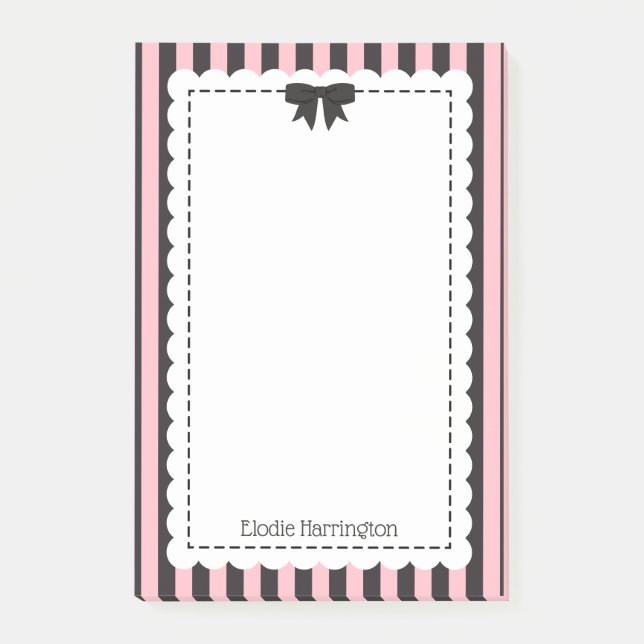 Chic Pink Black Stripes Scalloped Edges & Bow Post-it Notes (Front)