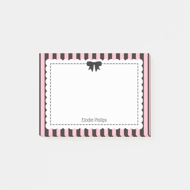 Chic Pink Black Stripes Scalloped Edges & Bow Post-it Notes (Front)