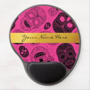Chic Pink & Black Sugar Skulls with Gold Banner Gel Mouse Pad